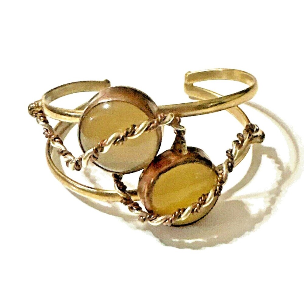 Vintage Indian Faux Amber Cuff Bracelet Brass Bronze Twist Accent India 8"